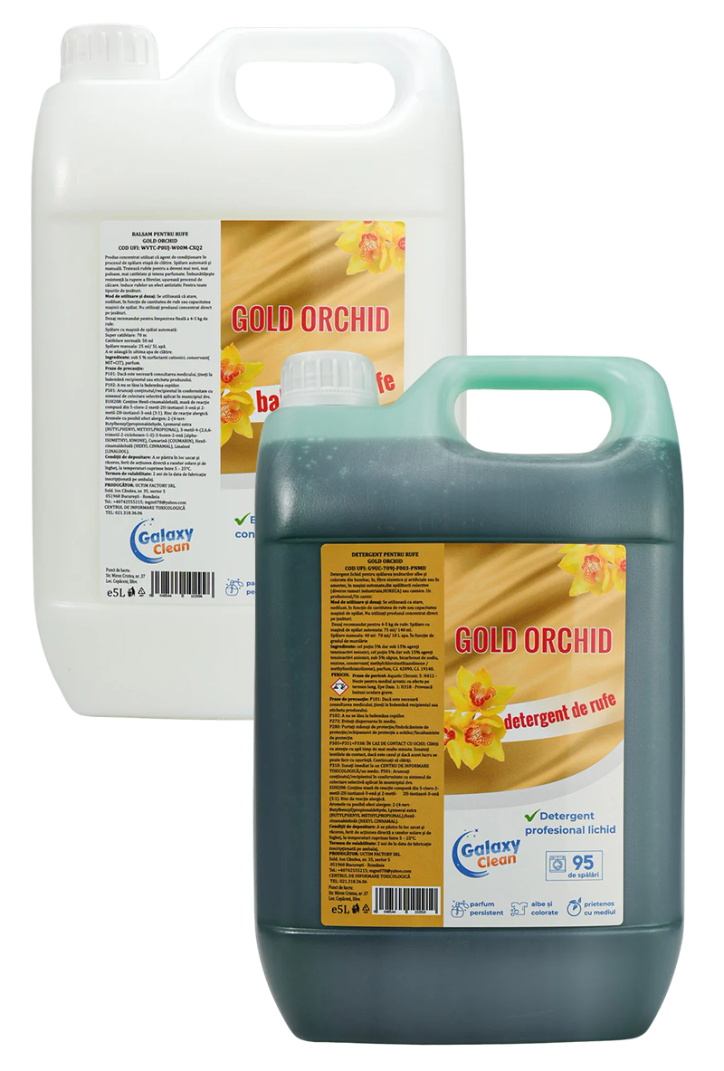 Pachet DAG Galaxy Clean detergent și balsam Gold, 5 litri – rufe curate și parfum elegant de durată